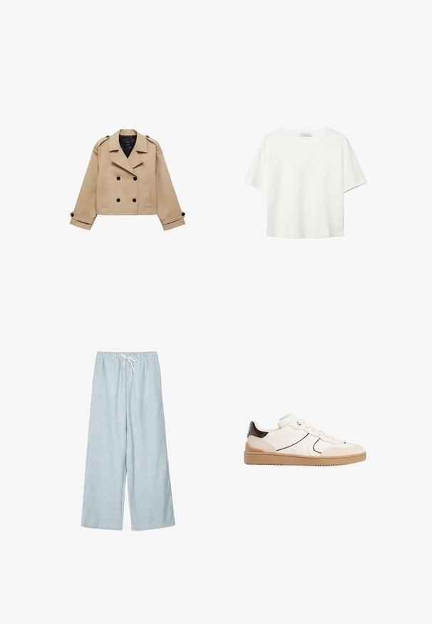 Krémový zkrácený trenčkot s dvouřadým zapínáním na knoflíky, ramenními epauletami a černými knoflíky. Měkká látka a přizpůsobený design.; Bílý krátký rukáv tričko vyrobené z bavlny. Má kulatý výstřih a volný střih. Hladký materiál bez viditelných vzorů nebo akcentů.; Světle modré pruhované široké kalhoty s elastickým pasem a detaily na šňůrku. Měkká, lehká tkanina s uvolněným střihem.; Stradivarius Tenisky - white