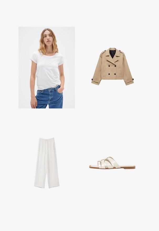 Béžový skrátený trenčkot s dvojradovým zapínaním na gombíky, s ramennými epauletmi a čiernymi gombíkmi. Mäkkučký materiál a prispôsobený strih.; Biela tričko s krátkym rukávom a okrúhlym výstrihom, vyrobené z mäkkého materiálu, v kombinácii s modrými džínsami s klasikým strihom a dizajnom s piatimi vreckami.; Biele široké nohavice vyrobené z ľahkej tkaniny. Obsahujú elastický pás so sťahovacou šnúrkou a bočné vrecká. Hladká textúra.; Ploché sandále s hnedou gumovou podrážkou, navrhnuté s tromi prekrývajúcimi sa bielymi koženými popruhmi a malou mašličkou uprostred.