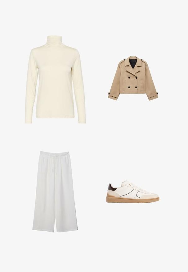 Beige, taillierter Trenchcoat in cropped Länge mit doppelreihiger Knopfleiste, Schulterklappen und schwarzen Knöpfen. Aus weichem Material gefertigt.; Langärmliges Rollkragenoberteil in Off-White, aus weichem, dehnbarem Stoff gefertigt. Enganliegendes Design mit glatter Textur und minimalen Nähdetails.; Weiße, weit geschnittene Hosen aus leichtem Stoff, mit einem elastischen Bund und einem Zugband für eine verstellbare Passform. Glatte Textur.; Stradivarius Sneaker low - white