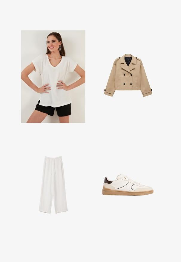 Bežna skrajšana trench jakna z dvostranskim gumbom, epauleti na ramenih in črnimi gumbi. Mehka tkanina in kroj, prilagojen postavi.; Bela teksturirana majica s kratkimi rokavi, z izrezom v obliki V in stranskimi razporki, v kombinaciji s črnimi kratkimi hlačami. Preprost dizajn, lahka tkanina, sproščen kroj.; Bele široke hlače iz lahkega materiala. Imajo elastičen pas s vrvico in stranske žepe. Gladka tekstura.; Stradivarius Športni copati - white