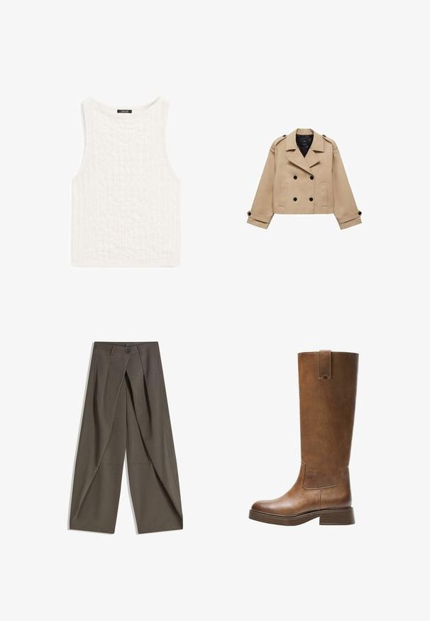 Beige cropped trench coat with double-breasted button closure, shoulder epaulettes, and black buttons. Soft fabric and tailored design.; White sleeveless top made of textured fabric with a subtle pattern. Features a round neckline and a straight cut hem.; Wide-leg trousers made of a textured, dark gray fabric. Features a front pleat, button closure, and side pockets for practicality.; Brown leather knee-high boot with a rounded toe, textured surface, and a stacked low heel. Features a side panel and pull tab at the top.