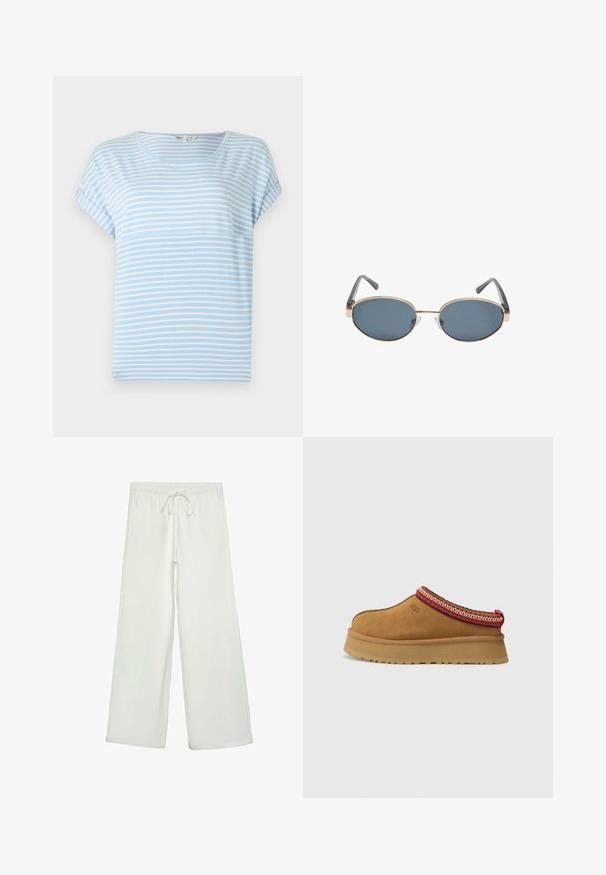 Béžový skrátený trenčkot s dvojradovým zapínaním na gombíky, s ramennými epauletmi a čiernymi gombíkmi. Mäkkučký materiál a prispôsobený strih.; Svetlomodré tričko s krátkym rukávom a bielymi vodorovnými pruhmi, kulatý výstrih a uvoľnený strih. Mäkka látka s minimálnou textúrou.; Biele nohavice s širokými nohavicami vyrobené z mäkkej tkaniny. Majú elastický pás s šnúrkou a hladký povrch. Žiadne viditeľné vzory ani kovania.; Hnedá semišová obuv na slip-on s červeným a krémovým vzorovaným lemovaním, textúrovanou podrážkou a logom UGG na boku. Obsahuje mierne zvýšenú platformu.; Oválne slnečné okuliare s tmavými sklami, zlatými kovovými rámami a sivými stranami. Rámy majú minimalistický dizajn so subtílnym akcentom mostíka.
