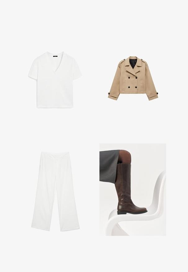 Beige kort trenchcoat med dubbelknappning, axelklaffar och svarta knappar. Mjuk tygkvalitet och skräddarsydd design.; Vit kortärmad T-shirt med V-ringning i bomull, med en minimalistisk design och slät textur, rak nederkant och utan utsmyckningar.; Breda byxor i vitt material, med en slät yta, framfickor och en klassisk midja med bälteshål.; Brun läderkänga i knähöjd med rund tå, slät textur och minimala sömsdetaljer, placerad mot en ljus bakgrund på en vit stol.