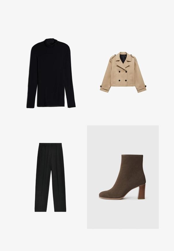 Krémový zkrácený trenčkot s dvouřadým zapínáním na knoflíky, ramenními epauletami a černými knoflíky. Měkká látka a přizpůsobený design.; Černý dlouhý rukáv top se stojáčkem, vyrobený z jemné, hladké tkaniny; přiléhavý design se rovnými lemy a bez viditelných švů.; Černé kalhoty s vysokým pasem a rovnými nohavicemi, se sklady a bočními kapsami, vyrobené z lehkého materiálu.; Hnědá semišová kotníková bota s kulatou špičkou a podpatkem z vrstveného texturovaného materiálu. Hladký povrch bez viditelných zapínání nebo ozdob.