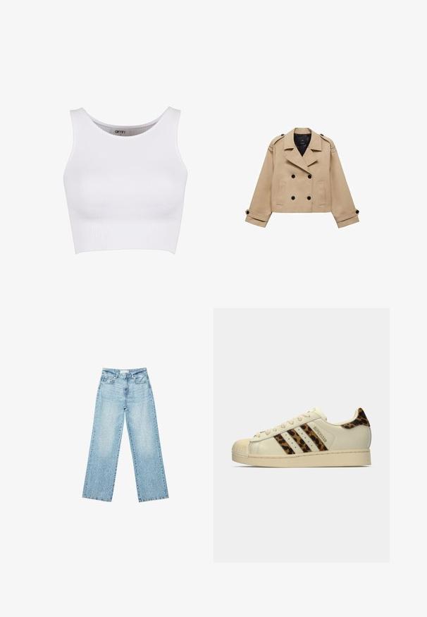 Béžový skrátený trenčkot s dvojradovým zapínaním na gombíky, s ramennými epauletmi a čiernymi gombíkmi. Mäkkučký materiál a prispôsobený strih.; Biely rebrovaný crop top s okrúhlym výstrihom a širokými ramienkami. Má elastickú štruktúru, navrhnutú pre pohodlie a voľnosť pohybu.; Svetlomodré džíny s širokými nohavicami a vysokým pásom, so zosvetlenou úpravou a malými, rozptýlenými poškodenými detailmi po celom obvode.; Svetlo krémové tenisky Adidas Superstar s pruhmi a pätkou s leopardím vzorom, béžovo gumovou špičkou a textom "SUPERSTAR" na strane.