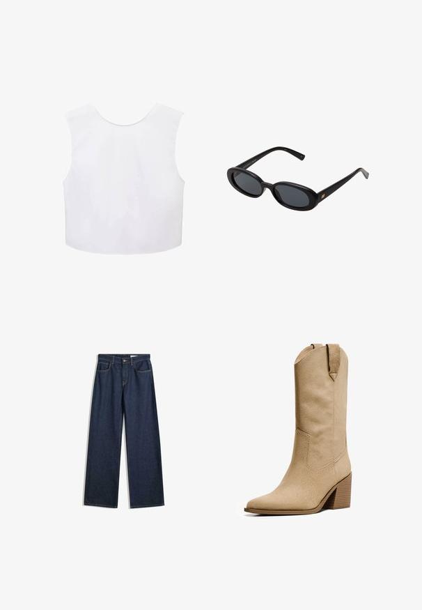 Bežna skrajšana trench jakna z dvostranskim gumbom, epauleti na ramenih in črnimi gumbi. Mehka tkanina in kroj, prilagojen postavi.; Bela brezrokavna kratka majica s krožnim ovratnikom, s hladnim materialom in preprostim dizajnom. Brez vidnih vzorcev ali detajlov iz kovine.; Široke temne kavbojke z visokim pasom, petimi žepi, vidnimi šivi in gumbom za zapiranje. Imajo ravno prileganje in lažjo obrabo.; Bershka HIGH-HEEL - Škornji v kavbojskem/motorističnem slogu - beige; Črne oversize sončne očala z ovalnimi lečami, gladkim plastičnim okvirjem in zlatenimi detajli na templjih. Temne leče zagotavljajo zaščito pred soncem.; Rjava usnjena torba z ovalnim ročajem, mehko teksturo in zgornjim zadrgo. Brez vidne kovinske opreme ali vzorcev.