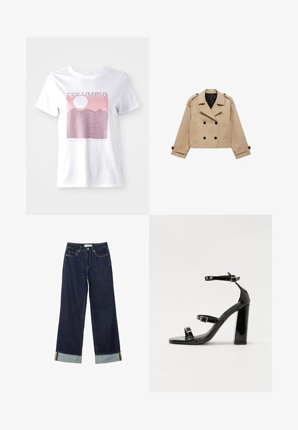 Krémový zkrácený trenčkot s dvouřadým zapínáním na knoflíky, ramenními epauletami a černými knoflíky. Měkká látka a přizpůsobený design.; Bílá bavlněná tričko s růžovou grafikou hory, sluncem a textem "COLUMBIA" a "VŽDY VENKU | PACIFICKÝ NOHVÝ ZÁPAD."; Tmavě modré kalhoty s širokými nohavicemi a vysokým pasem, s ohrnutými manžetami, kontrastním prošíváním a pěti kapsami. Vyrobené z denimové tkaniny.; Černé lakované sandály na podpatku se čtveratou špičkou, lýtkovými pásky a stříbrnými přezkami. Disponují masivním blokovým podpatkem pro stabilitu.