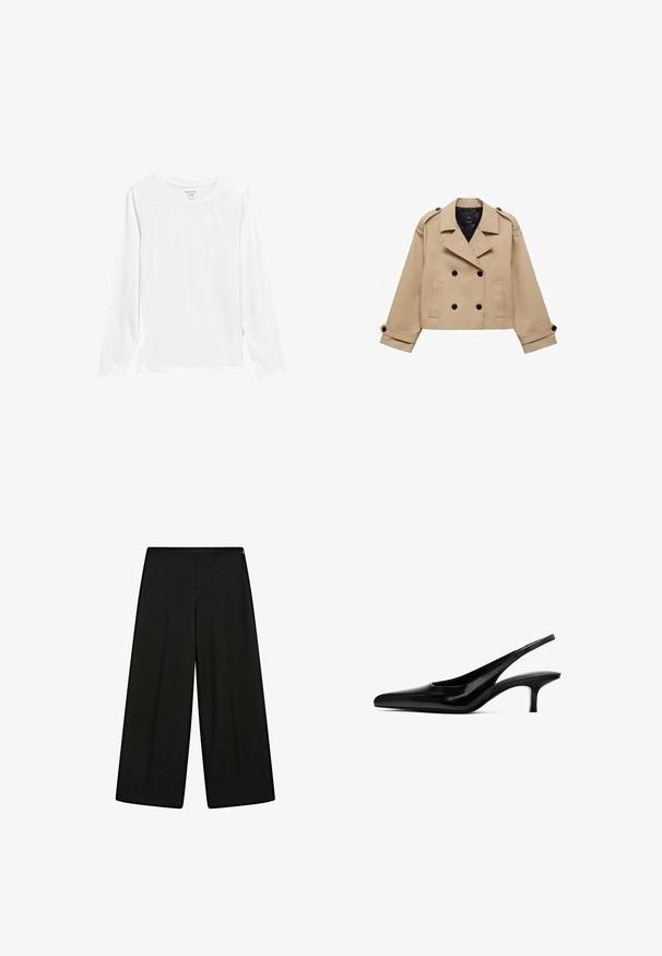 Beige cropped trenchcoat met dubbele knoopsluiting, schouderepauletten en zwarte knopen. Zachte stof en op maat gemaakte uitstraling.; Marks & Spencer Longsleeve - soft white; Zwarte wijde pantalons van zachte stof, met een hoge taille en plooien, met een gladde textuur en zonder zichtbare versieringen.; Zwarte slingback schoen met puntige neus, afgewerkt in glanzend leer en met een dunne, lage hak. Bevat een uitsnede aan de zijkant voor ademend vermogen.