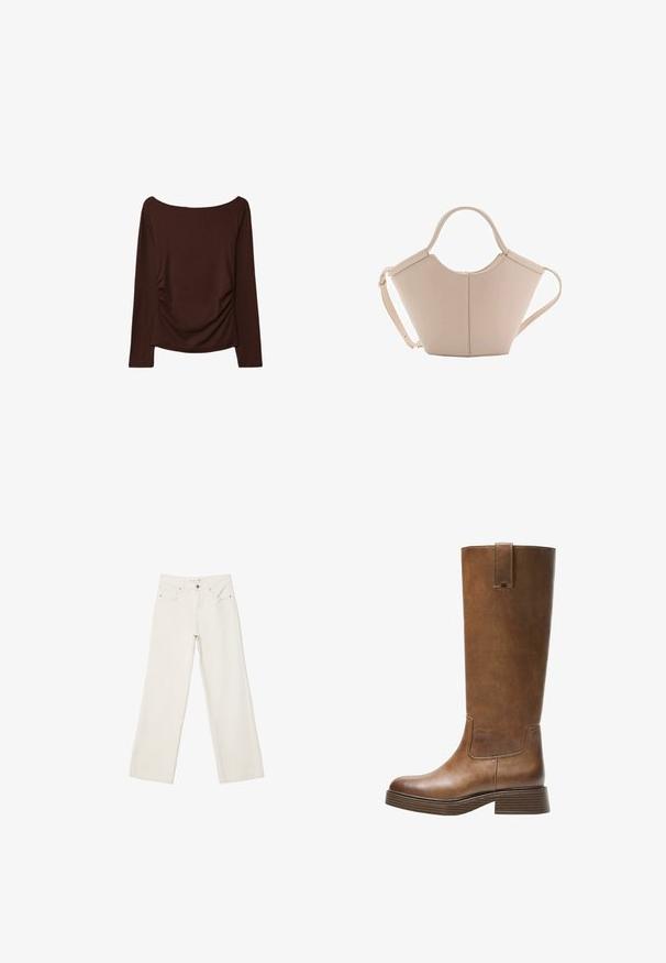 Beige cropped trenchcoat met dubbele knoopsluiting, schouderepauletten en zwarte knopen. Zachte stof en op maat gemaakte uitstraling.; Bruine lange mouwen top met een brede halslijn en gerimpelde details aan de zijkanten, gemaakt van een zachte, rekbare stof.; Witte wijde spijkerbroek van denim, met een hoge taille, voorzakken en een knoopsluiting. Eenvoudig ontwerp met minimalistische accenten.; Bruine leren laars tot de knie met een ronde neus, gestructureerd oppervlak en een lage, gestapelde hak. Beschikt over een zijpaneel en een aantrektap aan de bovenkant.; Beige leren handtas met een unieke vorm, voorzien van twee korte handvatten en een lange verstelbare schouderriem. Glad oppervlak met minimale hardware.