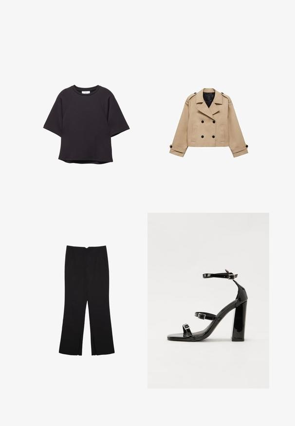 Krémový zkrácený trenčkot s dvouřadým zapínáním na knoflíky, ramenními epauletami a černými knoflíky. Měkká látka a přizpůsobený design.; Černé tričko s krátkým rukávem a kulatým výstřihem, s raglánovými rukávy a rovním lemem, vystavené na bílém pozadí.; Černé kalhoty s rovným střihem, s předními kapsami a bočními rozparky na lemu. Vyrobené z jemné, hladké tkaniny. Vhodné na různé příležitosti.; Černé lakované sandály na podpatku se čtveratou špičkou, lýtkovými pásky a stříbrnými přezkami. Disponují masivním blokovým podpatkem pro stabilitu.