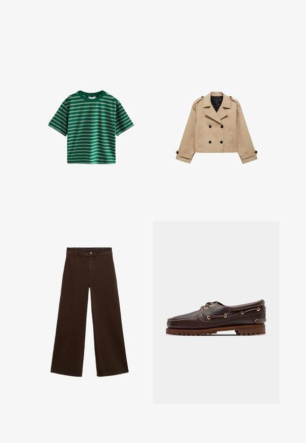 Beige cropped trenchcoat met dubbele knoopsluiting, schouderepauletten en zwarte knopen. Zachte stof en op maat gemaakte uitstraling.; Groene T-shirt met korte mouwen, voorzien van horizontale strepen in het wit, geel en blauw. Gemaakt van zachte katoen met een ronde hals.; Bruine wijde broek in katoenmix, met een rafelige zoom, sluiting met een knoop aan de voorkant en een klassieke vijf-pocketstijl. Minimalistisch en veelzijdig.; Bruine leren bootsschoen met gouden oogjes, ronde veters en een gestructureerde bruine rubberen zool. Kenmerkt zich door gestikte details en een verhoogd logo.