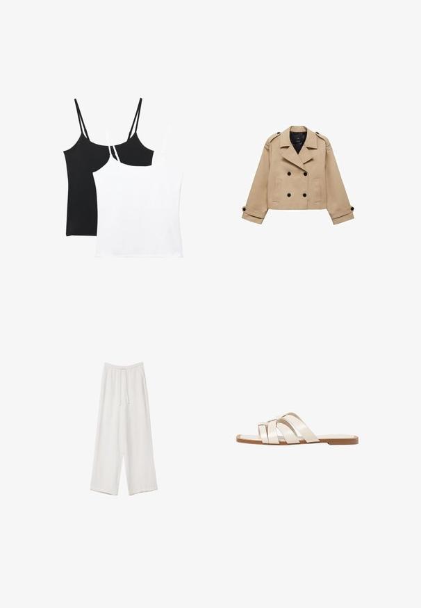 Béžový skrátený trenčkot s dvojradovým zapínaním na gombíky, s ramennými epauletmi a čiernymi gombíkmi. Mäkkučký materiál a prispôsobený strih.; Dve tielka v čiernej a bielej farbe; každé z nich má tenké nastaviteľné ramienka, hladkú textúru a jednoduchý, rovný strih.; Biele široké nohavice vyrobené z ľahkej tkaniny. Obsahujú elastický pás so sťahovacou šnúrkou a bočné vrecká. Hladká textúra.; Ploché sandále s hnedou gumovou podrážkou, navrhnuté s tromi prekrývajúcimi sa bielymi koženými popruhmi a malou mašličkou uprostred.