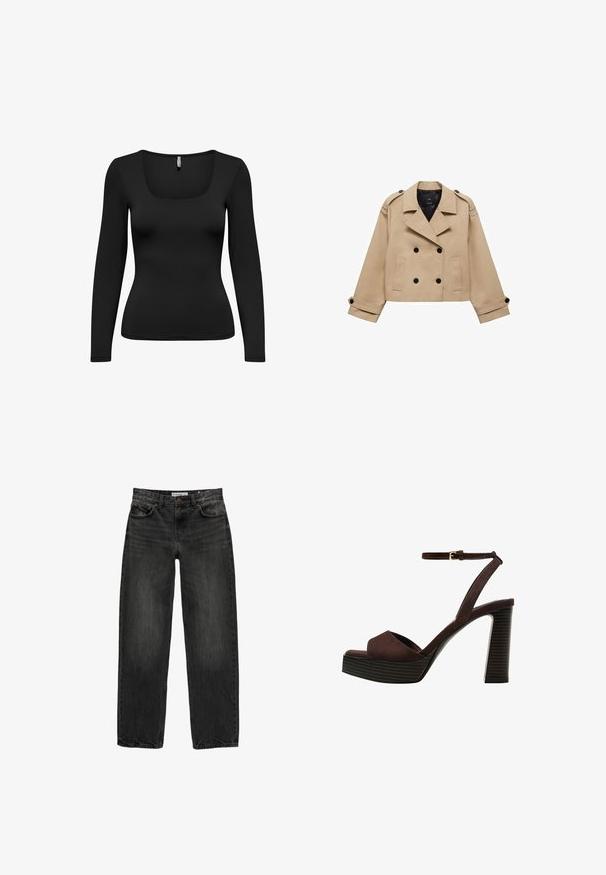 Beige, taillierter Trenchcoat in cropped Länge mit doppelreihiger Knopfleiste, Schulterklappen und schwarzen Knöpfen. Aus weichem Material gefertigt.; Schwarzes langärmliges Oberteil mit quadratischem Ausschnitt. Aus glattem, dehnbarem Stoff gefertigt. Figurnahes Design, das sich an der Taille verjüngt. Nahtlose Schultern.; Schwarze Jeans aus Denim mit lockerer Passform, geradem Bein, fünf Taschen-Design und einer leicht gewaschenen Textur. Knopf- und Reißverschluss vorne.; Braune Wildleder-Pumps mit offenem Zeh, verstellbarem Knöchelriemen und gestreiftem Plateausohlen.