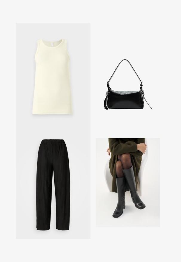 Beige, taillierter Trenchcoat in cropped Länge mit doppelreihiger Knopfleiste, Schulterklappen und schwarzen Knöpfen. Aus weichem Material gefertigt.; Hellgelbes Baumwoll-Tanktop mit geripptem Muster, rundem Ausschnitt und breiten Trägern. Fällt gerade ohne Verzierungen.; Schwarze, plissierte, weite Hosen mit einem elastischen Bund. Der Stoff hat vertikale Falten und eine glatte Textur.; Knöchelhöhe schwarze Lederstiefel mit quadrater Spitze und Blockabsatz, gezeigt mit einem Modell, das einen olivgrünen Mantel trägt. Glatte Textur, minimale Details.; Schwarze Ledertasche mit einem gewölbten Schultergurt, glatter Textur, rechteckiger Form, Reißverschluss und Akzenten aus silbernem Metall.