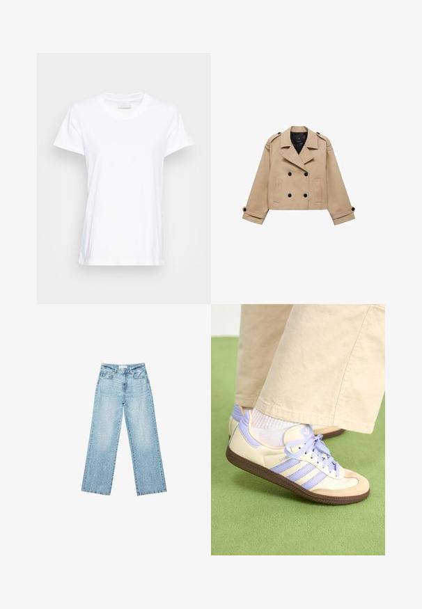 Bežani skraćeni kaput s dvostrukim dugmadi, ramennim epauletama i crnim dugmadi. Mekana tkanina i krojeni dizajn.; Bijela majica kratkih rukava izrađena od mekog pamuka. Ima okrugli izrez i blago širok kroj s bočnim prorezima za dodatnu udobnost.; Svijetloplave široke traperice s visokim strukom, s izbljeđenim pranjem i malim, raštrkanim oštećenjima na cijeloj površini.; Kremasto-ljubičaste tenisice s tri pruge i strukturiranim smeškim potplatom, s vezicama i podstavljenim petom. Mekana gornja tkanina.