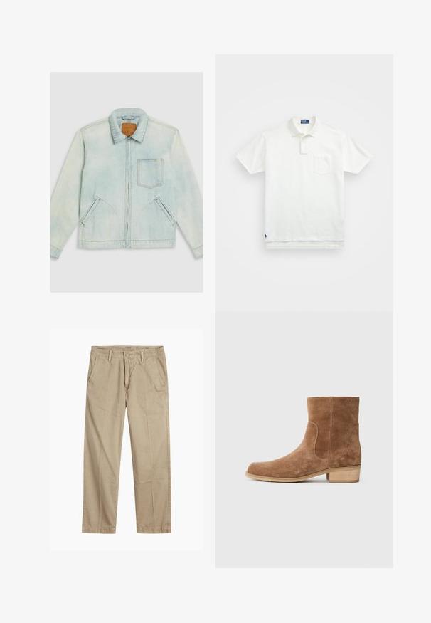 Veste en denim bleu clair avec une fermeture éclair à l'avant, un col pointu, une poche poitrine et deux poches latérales. Texture douce et design décontracté.; Polo shirt blanc en coton, avec un col classique, une patte de boutonnage à trois boutons et une poche sur la poitrine à gauche ; petit logo en bas.; Chinos beiges à jambes droites avec passants de ceinture, fermeture par bouton et fermeture éclair à l'avant, et poches avant en biais.; Bottines en daim marron avec un bout légèrement arrondi, un petit talon en bois empilé, des panneaux latéraux élastiques et des coutures lisses le long des joints.