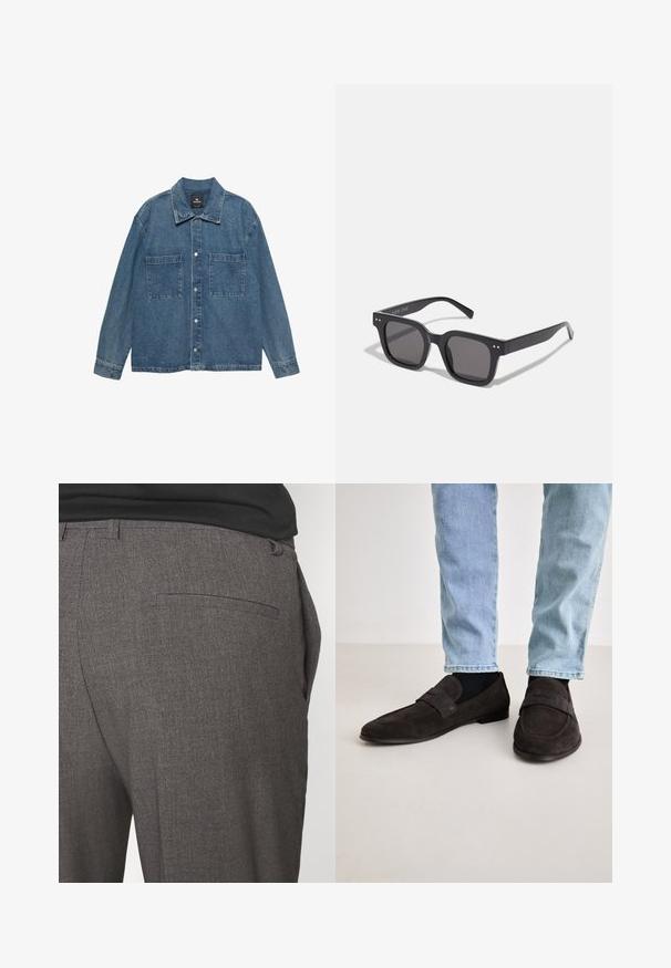 Denimjacke in Hellblau, mit durchgehender Knopfleiste, zwei Brusttaschen und klassischem Kragen. Weicher Griff mit leicht ausgewaschenem Finish.; Cremefarbener Baumwollmix-Pullover mit geripptem Rundhalsausschnitt, überschnittenen Schultern und gerippten Bündchen und Saum. Weiche Textur mit legerem Schnitt.; Graue maßgeschneiderte Hose mit glatter Textur, ausgestattet mit einer einzigen hinteren Tasche und einem schlanken Schnitt. Der Stoff hat ein dezentes Muster.; Dunkelbraune Wildleder-Loafer mit flacher Sohle und einem breiten Riemen über dem Oberteil. Getragen mit hellblauen Jeans und schwarzen Socken.; Schwarze rechteckige Sonnenbrillen mit dunklen Gläsern, die einen dicken Rahmen, subtile Akzente an den Seiten und keine sichtbaren Logos außer dem Markennamen aufweisen.; Leinwand-Tragetasche mit einer braunen Linienzeichnung von Lilienblüten. Die Tasche ist crèmefarben mit doppelten Schulterriemen und bedrucktem Text darunter.