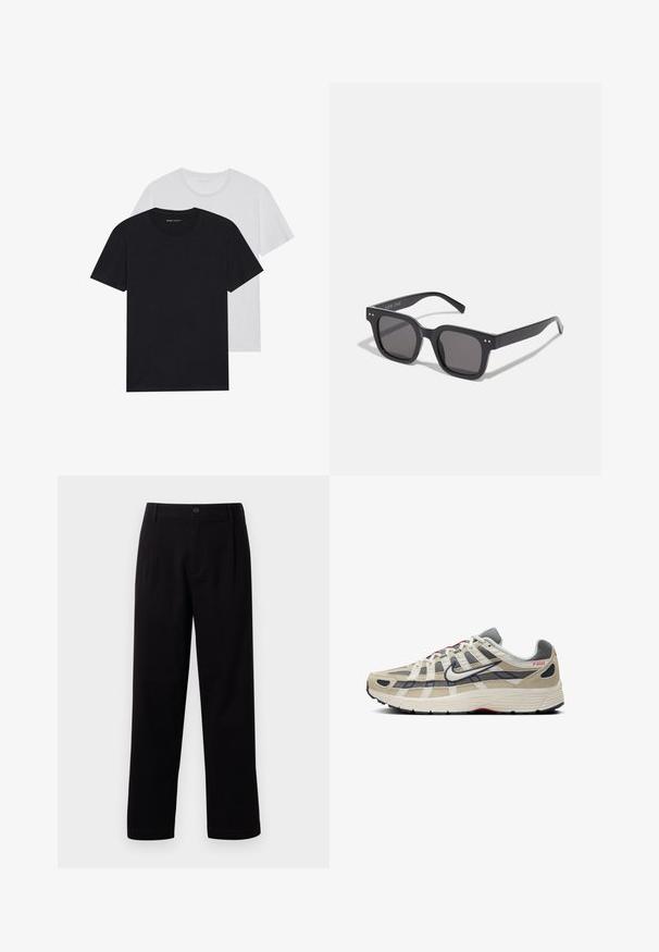 Jeanjacka i ljusblått, med knäppning framtill, två bröstfickor och en klassisk krage. Mjuk textur med en något blekt finish.; Beige tröja av mjukt, strukturerat stickat material. Har en rund halsringning, ribbade mudd och en kortad nederkant med sänkt axel.; Svarta och vita t-shirts med rund hals, kort ärm, tillverkade av bomullstyg, slät textur, med varumärke på halsringningen.; Svarta tygbyxor med rak passform, framfickor och en enda knappstängning. Slät textur utan synliga mönster.; Beige löparskor med grått nät och mockadetaljer, vita accenter, svart sula, röd märkning och unik korshatch-design på övre delen.; Svarta rektangulära solglasögon med mörka linser, med en tjock ram, diskreta detaljer på sidorna och inga synliga logotyper förutom varumärket.; Tan canvasväska med stora handtag, med blockbokstäver tryckta på sidan. Väskan har en mjuk textur och en rymlig design.