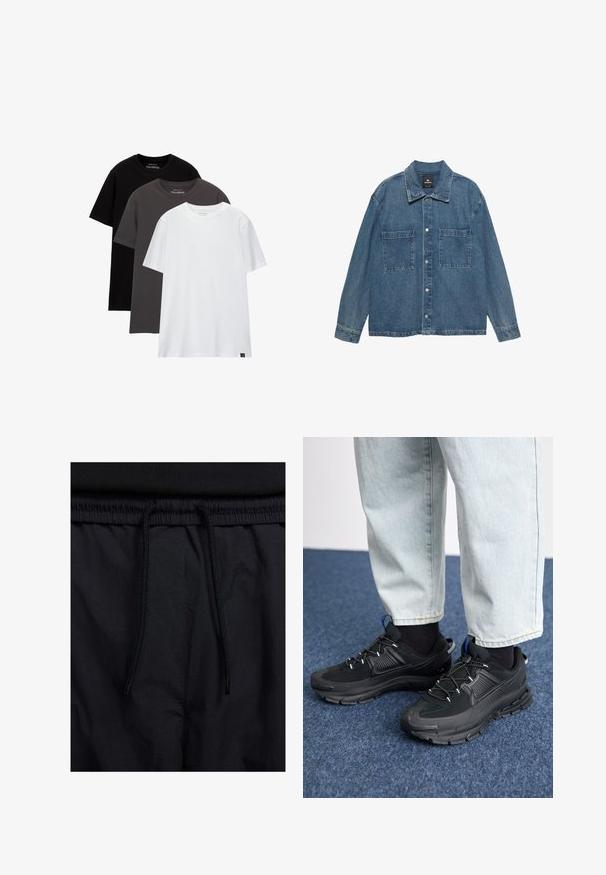 Džínová bunda v světlé modré barvě, s knoflíkovým zavíráním vpředu, dvěma náprsními kapsami a klasickým límcem. Měkká textura s mírně vybledlým vzhledem.; Tři trička s klasickým střihem položená na sobě. Barvy: černá, tmavě šedá a bílá. Bavlněný materiál s krátkým rukávem a kulatým výstřihem. Minimální značení.; Černé šortky s páskem na šňůrku, lehký materiál s hladkou texturou a jednoduchý design bez viditelných log nebo vzorů.; Černé sportovní boty s texturovanou tkaninou a gumovou podrážkou, s elastickými tkaničkami a modrým akcentem na patě. Nosí se s světlými džíny.