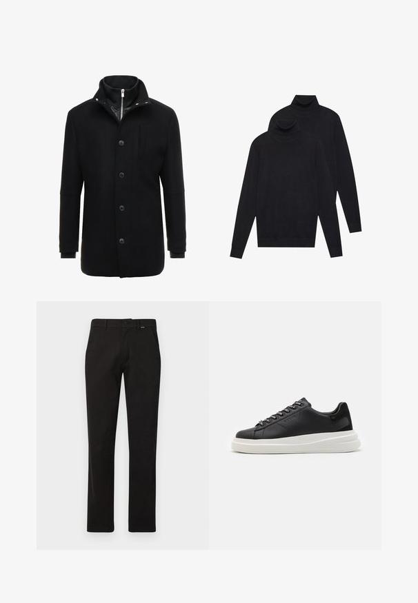 Must must coat, millel kõrge krae, lukuga ja nööbiga kinnitamine ning küljetaskud. Sile tekstuur, vihje kohandatud lõikusele ja minimaalsed aksessuaarid.; Kaks musta pikkade varrukatega kõrge kaelusega sviitrit, lihtne kudumine, asetatud üksteise peale, üks veidi teise taga, valgel taustal.; Mustad puuvillased püksid sirge säärega, varustatud nupuga kinnituse, vöökaarte ja kahe ees oleva taskuga. Sile tekstuur, ilma mustrita.; Mustmustest musta nahkistsneaker, millel on valge kummist tald, sirged paelad ja bränditud silmad. Pehme tekstuur kontrastse küljeaktsendiga.