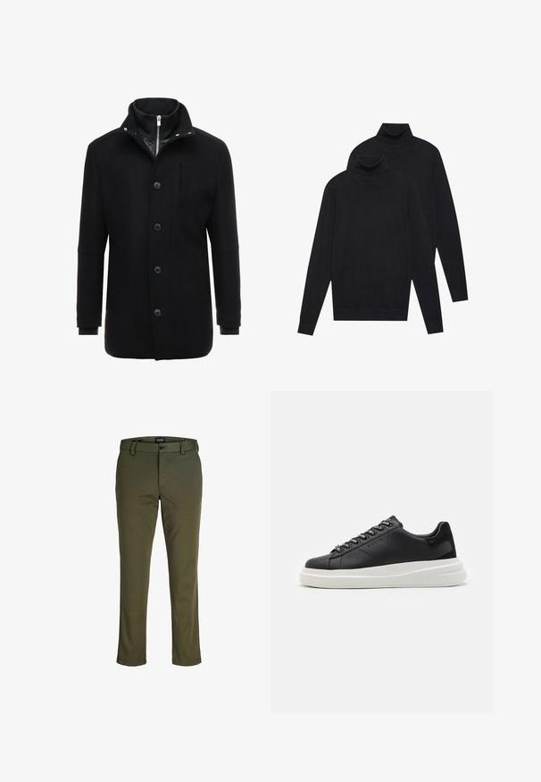Fekete gyapjú kabát magas gallérral, cipzáras és gombos záródással, valamint oldalsó zsebekkel. Simább textúra, testhezálló fazon és minimális részletek.; Két fekete, hosszúujjú garbó, sima kötésű, egymásra helyezve, az egyik kicsit a másik mögött, fehér háttér előtt.; Olívazöld nadrág, sima anyagból készült; gombos záródással, övhurkokkal és egyenes lábakkal, tiszta befejezéssel rendelkezik.; Fekete bőr sportcipő fehér gumitalppal, lapos fűzőkkel és márkázott fűzőlyukakkal. Puha tapintású, kontrasztos oldali akcentussal.