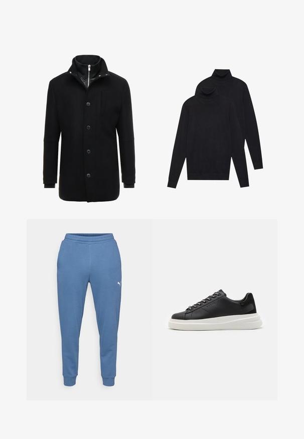 Zwarte wollen mantel met een hoge kraag, rits- en knoopsluiting, en zijzakken. Glad textuur met een getailleerde pasvorm en minimale accenten.; Twee zwarte, lange mouwen coltruien, eenvoudig gebreid, gestapeld met de één iets achter de ander op een witte achtergrond.; Blauwe joggingbroek van zacht materiaal, met een elastische tailleband en taps toelopende pijpen, voorzien van een klein wit logo op de linkerdij.; Zwarte leren sneakers met een witte rubberen zool, voorzien van platte veters en gemerkte oogjes. Zachte textuur met een contrasterende zijaccent.