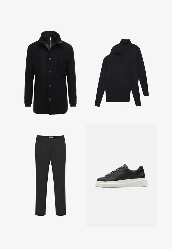 Cappotto in lana nera con colletto alto, chiusura a zip e bottoni, e tasche laterali. Tessuto liscio con una vestibilità sartoriale e accenti minimi.; Due maglioni a collo alto neri a maniche lunghe, lavorati a maglia semplice, impilati con uno leggermente dietro l'altro su uno sfondo bianco.; Pantaloni neri realizzati in un tessuto morbido, con chiusura a bottone e passanti per cintura. Design a gamba dritta con una texture sottile.; Sneaker in pelle nera con suola in gomma bianca, dotato di lacci piatti e occhielli brandizzati. Texture morbida con un accento laterale a contrasto.