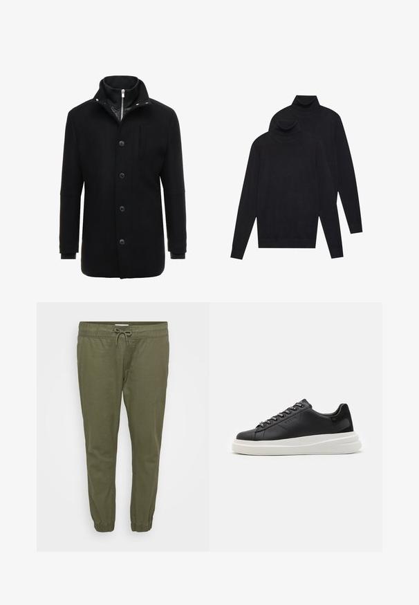 Black wool coat featuring a high collar, zipper and button closure, and side pockets. Smooth texture with a tailored fit and minimal accents.; Two black long-sleeve turtleneck sweaters, plain knit, stacked with one slightly behind the other on a white background.; Olive green, lightweight tapered pants with an elastic waistband, adjustable drawstring, and elastic cuffs at the ankles. Smooth texture.; Black leather sneaker with a white rubber sole, featuring flat laces and branded eyelets. Soft texture with a contrasting side accent.