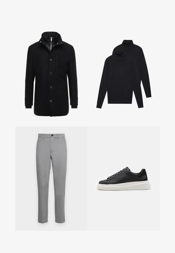 Črn volnen plašč z visokim ovratnikom, zadrgo in gumbom za zapiranje ter stranskimi žepi. Gladka tekstura z prilagojenim krojem in minimalnimi detajli.; Dva črna dolgi rokavi puloverja s turtleneck ovratnikom, enostavna pletenina, zložen eden nekoliko za drugim na belem ozadju.; Sive hlače z ravnim krojem, ki imajo gladko teksturo, sprednje zaklepanje na gumb in ravne noge. Enostaven dizajn brez vzorcev ali okrasnih elementov.; Črne usnjene teniske z belim gumijastim podplatom, ki imajo ravne vezalke in blagovno znamko na ošitih luknjah. Mehka tekstura s kontrastnim stranskim poudarkom.
