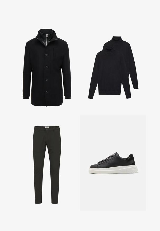 Črn volnen plašč z visokim ovratnikom, zadrgo in gumbom za zapiranje ter stranskimi žepi. Gladka tekstura z prilagojenim krojem in minimalnimi detajli.; Dva črna dolgi rokavi puloverja s turtleneck ovratnikom, enostavna pletenina, zložen eden nekoliko za drugim na belem ozadju.; Črne slim-fit hlače iz gladkega blaga z gumbnim zapiranjem, zankami za pas, sprednjimi žepi in čisto, minimalistično zasnovo.; Črne usnjene teniske z belim gumijastim podplatom, ki imajo ravne vezalke in blagovno znamko na ošitih luknjah. Mehka tekstura s kontrastnim stranskim poudarkom.