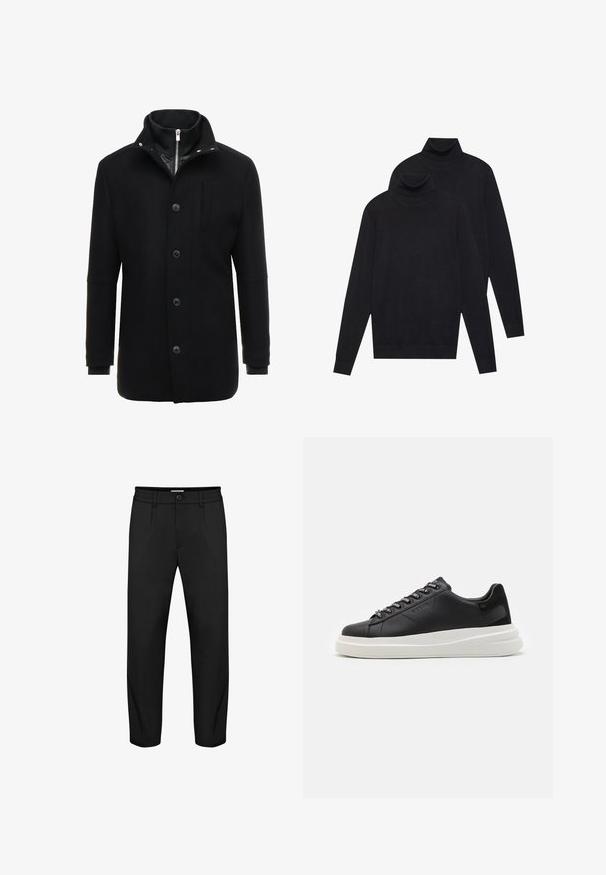 Black wool coat featuring a high collar, zipper and button closure, and side pockets. Smooth texture with a tailored fit and minimal accents.; Two black long-sleeve turtleneck sweaters, plain knit, stacked with one slightly behind the other on a white background.; Black trousers with a straight leg design, featuring a button closure, side pockets, and a smooth texture. Elastic waistband detail included.; Black leather sneaker with a white rubber sole, featuring flat laces and branded eyelets. Soft texture with a contrasting side accent.