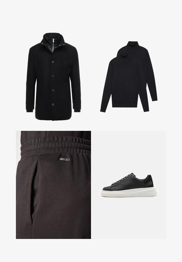 Schwarzer Wollmantel mit hohem Kragen, Reißverschluss- und Knopfverschluss sowie Seitentaschen. Glatte Textur mit taillierter Passform und minimalen Akzenten.; Zwei schwarze, langärmelige Rollkragenpullover, schlicht gestrickt, übereinander gestapelt, wobei einer leicht hinter dem anderen auf einem weißen Hintergrund liegt.; Schwarze Sporttights aus strukturiertem Stoff verfügen über einen elastischen Bund, Seitentaschen und ein „DRYCELL“-Label in der Nähe der Tasche.; Schwarze Ledersneaker mit einer weißen Gummisohle, ausgestattet mit flachen Schnürsenkeln und markierten Ösen. Weiche Textur mit einem kontrastierenden Seitenakzent.
