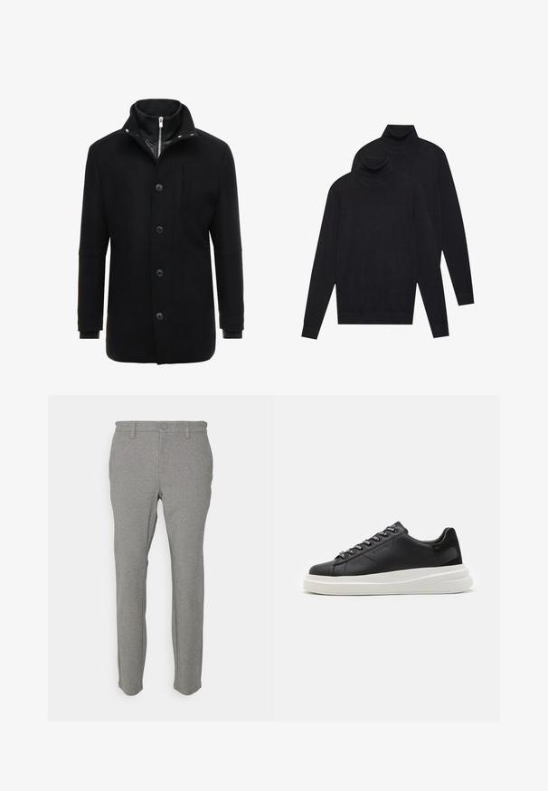 Sort uldfrakke med høj krave, lynlås og knaplukning samt sidelommer. Glat tekstur med en skræddersyet pasform og minimale detaljer.; To sorte langærmede turtleneck-trøjer, ensfarvede strikkede, stablet med den ene lidt bag den anden på en hvid baggrund.; Lys grå bukser lavet af blødt stof, med lige pasform, bæltestropper og en enkelt knaplukning. Glat tekstur, minimalistisk design.; Sort lædersneaker med en hvid gummisål, der har flade snørebånd og branded øjer. Blød tekstur med en kontrasterende sideaccent.