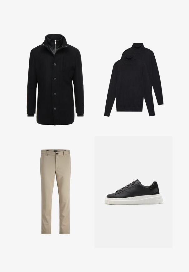 Schwarzer Wollmantel mit hohem Kragen, Reißverschluss- und Knopfverschluss sowie Seitentaschen. Glatte Textur mit taillierter Passform und minimalen Akzenten.; Zwei schwarze, langärmelige Rollkragenpullover, schlicht gestrickt, übereinander gestapelt, wobei einer leicht hinter dem anderen auf einem weißen Hintergrund liegt.; Beige Hosen aus einem glatten Stoff, mit flachem Vorderteil, Knopfverschluss und geraden Beinen mit dezenten Stickdetails.; Schwarze Ledersneaker mit einer weißen Gummisohle, ausgestattet mit flachen Schnürsenkeln und markierten Ösen. Weiche Textur mit einem kontrastierenden Seitenakzent.