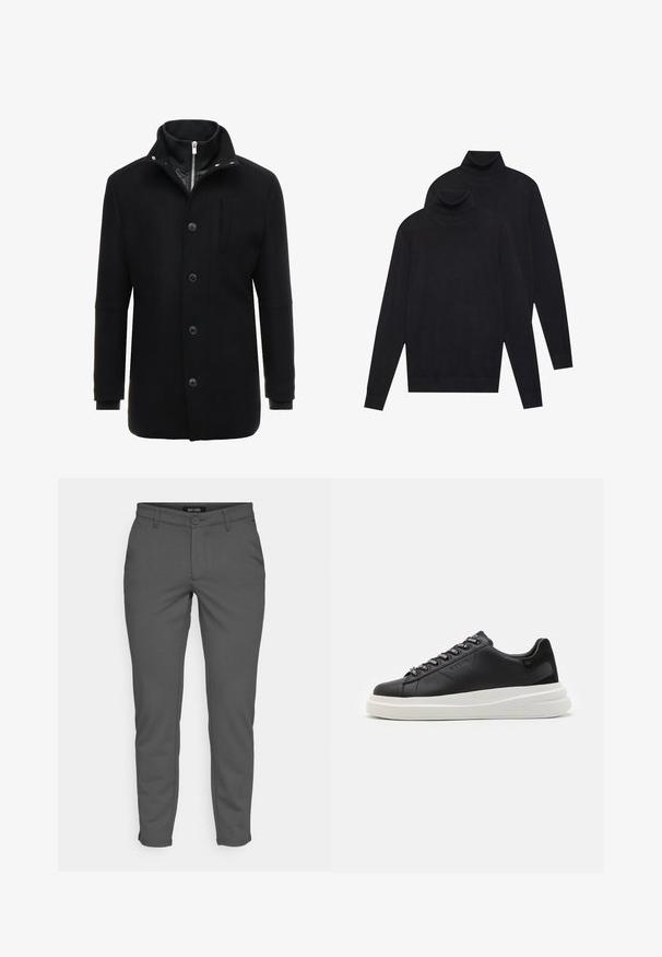 Zwarte wollen mantel met een hoge kraag, rits- en knoopsluiting, en zijzakken. Glad textuur met een getailleerde pasvorm en minimale accenten.; Twee zwarte, lange mouwen coltruien, eenvoudig gebreid, gestapeld met de één iets achter de ander op een witte achtergrond.; Grijze broek van rekbare stof, met een knoopsluiting en zijzakken. Slim fit met een gladde textuur en een op maat gemaakte broekontwerp.; Zwarte leren sneakers met een witte rubberen zool, voorzien van platte veters en gemerkte oogjes. Zachte textuur met een contrasterende zijaccent.