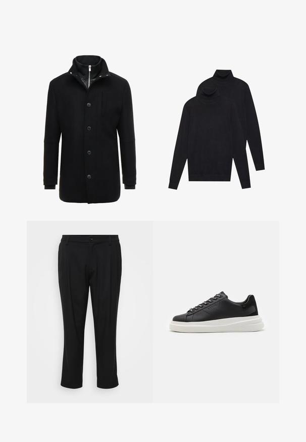 Čierny vlnený kabát s vysokým golierom, zipsom a gombíkovým zapínaním, a bočnými vreckami. Hladká textúra s prispôsobeným strihom a minimálnymi akcentmi.; Dvoje čiernych svetrov s dlhým rukávom a rolákom, jednofarebných, uložených jeden na druhom, pričom jeden je mierne posunutý vzad na bielom pozadí.; Čierne nohavice s priamym strihom. Vyrobené z hladkej látky, s button uzáverom a dvoma prednými vreckami.; Čierne kožené tenisky s bielou gumovou podrážkou, s plochými šnúrkami a brandovanými očkami. Mäkká textúra s kontrastným bočným akcentom.