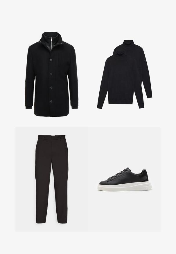 Svart ullkappa med hög krage, dragkedja och knappstängning, samt sidofickor. Slät textur med skräddarsydd passform och minimala accenter.; Två svarta långärmade polotröjor, enfärgat stickade, staplade med en något bakom den andra på en vit bakgrund.; Svarta byxor av glatt tyg, med rak bendesign, bältesögglor och sidofickor. Inga synliga mönster eller hårdvara.; Svart lädersneaker med en vit gummisula, med platta snören och märkta öglor. Mjuk textur med en kontrasterande sidodetalj.