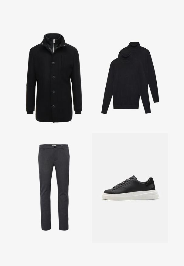 Black wool coat featuring a high collar, zipper and button closure, and side pockets. Smooth texture with a tailored fit and minimal accents.; Two black long-sleeve turtleneck sweaters, plain knit, stacked with one slightly behind the other on a white background.; Dark gray slim-fit trousers made from textured fabric, featuring a button closure, belt loops, and side pockets for practical use.; Black leather sneaker with a white rubber sole, featuring flat laces and branded eyelets. Soft texture with a contrasting side accent.