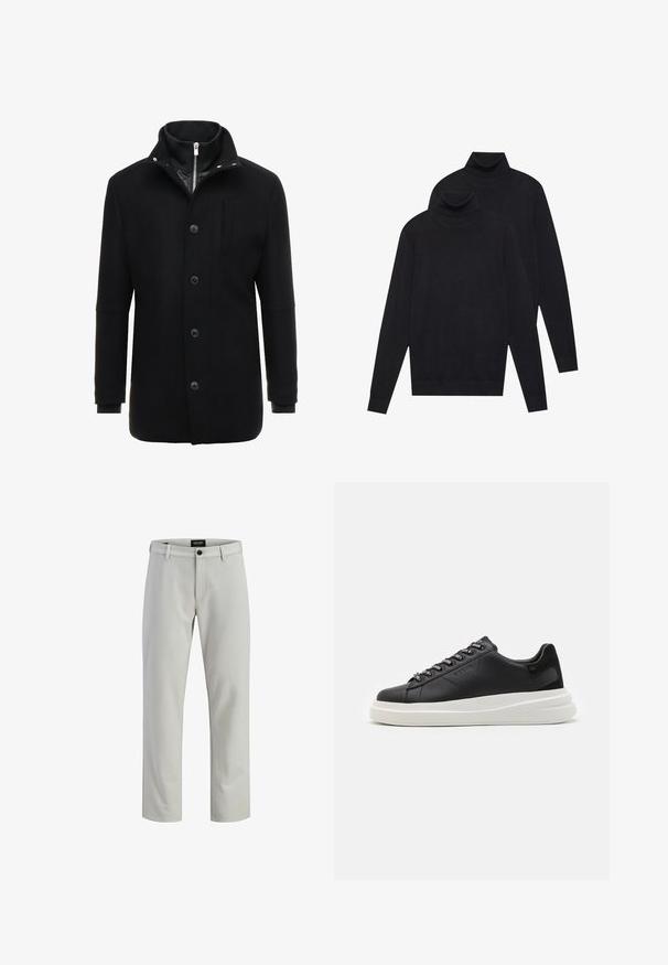 Cappotto in lana nera con colletto alto, chiusura a zip e bottoni, e tasche laterali. Tessuto liscio con una vestibilità sartoriale e accenti minimi.; Due maglioni a collo alto neri a maniche lunghe, lavorati a maglia semplice, impilati con uno leggermente dietro l'altro su uno sfondo bianco.; Pantaloni grigi chiari con vestibilità dritta. Presentano una chiusura con bottone e passanti per la cintura. Realizzati in un tessuto morbido con dettagli di cucitura minimi.; Sneaker in pelle nera con suola in gomma bianca, dotato di lacci piatti e occhielli brandizzati. Texture morbida con un accento laterale a contrasto.