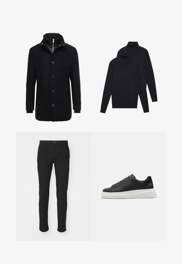 Manteau en laine noir avec un col haut, fermeture éclair et boutons, et poches latérales. Texture lisse avec une coupe ajustée et des accents minimalistes.; Deux pulls turtleneck noirs à manches longues, en tricot uni, empilés avec un légèrement derrière l'autre sur un fond blanc.; Chinos noirs en tissu mélangé de coton, au design ajusté, présentant une fermeture à bouton marron, deux poches latérales et des ourlets retroussés.; Baskets en cuir noir avec une semelle en caoutchouc blanc, dotées de lacets plats et d'œillets marqués. Texture douce avec un accent contrastant sur le côté.
