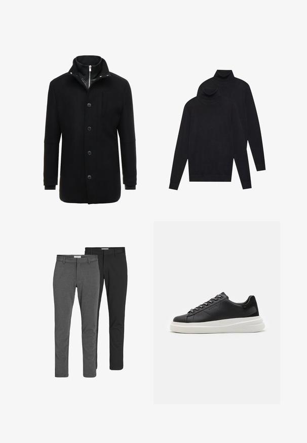 Abrigo de lana negro con cuello alto, cierre de cremallera y botón, y bolsillos laterales. Textura suave con un corte ajustado y acentos mínimos.; Dos suéteres negros de manga larga y cuello alto, de punto liso, apilados con uno ligeramente detrás del otro sobre un fondo blanco.; Dos pares de pantalones clásicos: uno de mezcla de algodón gris y otro de mezcla de algodón negro. Ambos presentan un diseño ajustado con trabillas y un acabado suave.; Zapatilla de cuero negra con suela de goma blanca, con cordones planos y ojales de marca. Textura suave con un acento lateral contrastante.