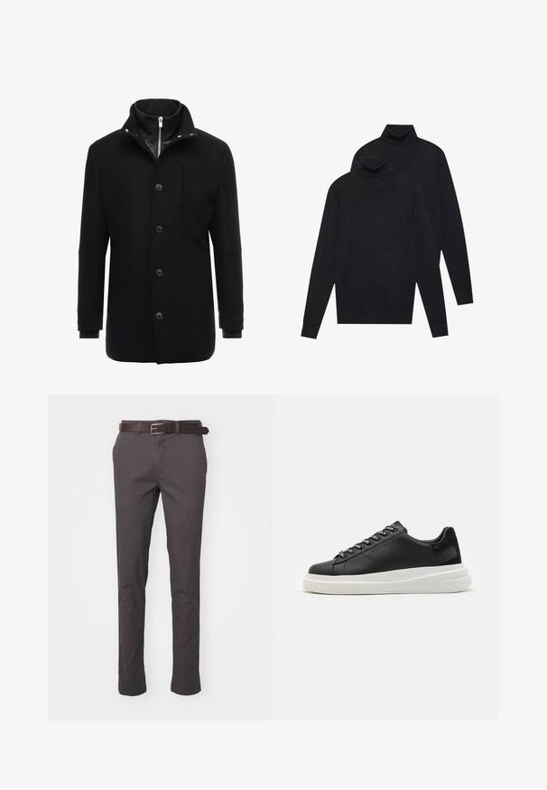 Schwarzer Wollmantel mit hohem Kragen, Reißverschluss- und Knopfverschluss sowie Seitentaschen. Glatte Textur mit taillierter Passform und minimalen Akzenten.; Zwei schwarze, langärmelige Rollkragenpullover, schlicht gestrickt, übereinander gestapelt, wobei einer leicht hinter dem anderen auf einem weißen Hintergrund liegt.; Graue Baumwollhose im Slim-Fit-Stil, ausgestattet mit einem braunen Leder-Gürtel und üblichen Taschen, entworfen für einen lässigen Look.; Schwarze Ledersneaker mit einer weißen Gummisohle, ausgestattet mit flachen Schnürsenkeln und markierten Ösen. Weiche Textur mit einem kontrastierenden Seitenakzent.