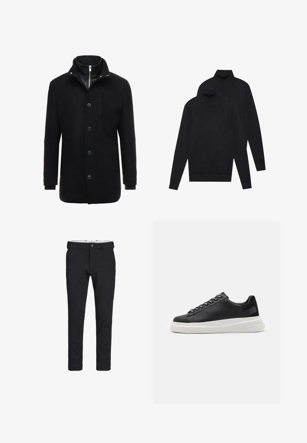 Zwarte wollen mantel met een hoge kraag, rits- en knoopsluiting, en zijzakken. Glad textuur met een getailleerde pasvorm en minimale accenten.; Twee zwarte, lange mouwen coltruien, eenvoudig gebreid, gestapeld met de één iets achter de ander op een witte achtergrond.; Zwarte stretchbroek met een vlakke voorkant, riemlussen en een enkele knoopsluiting. Het materiaal is soepel met een getailleerde pasvorm en taps toelopende benen.; Zwarte leren sneakers met een witte rubberen zool, voorzien van platte veters en gemerkte oogjes. Zachte textuur met een contrasterende zijaccent.