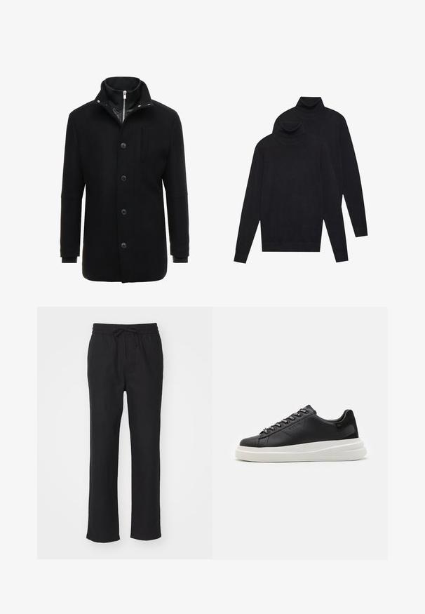 Cappotto in lana nera con colletto alto, chiusura a zip e bottoni, e tasche laterali. Tessuto liscio con una vestibilità sartoriale e accenti minimi.; Due maglioni a collo alto neri a maniche lunghe, lavorati a maglia semplice, impilati con uno leggermente dietro l'altro su uno sfondo bianco.; Pantaloni neri a gamba dritta realizzati in stoffa morbida con vita elasticizzata e coulisse regolabile. Senza tasche né motivi visibili.; Sneaker in pelle nera con suola in gomma bianca, dotato di lacci piatti e occhielli brandizzati. Texture morbida con un accento laterale a contrasto.