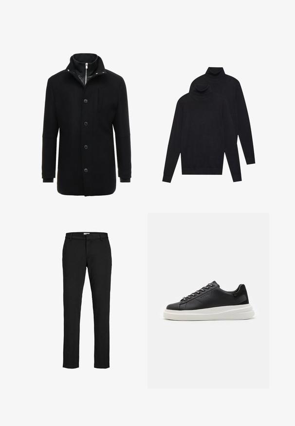 Černý vlněný kabát s vysokým límcem, zapínáním na zip a knoflíky a postranními kapsami. Hladká textura s přiléhavým střihem a minimálními akcenty.; Dvoje černých pletených svetrů s dlouhým rukávem a rolákem, jednoduchý vzor, naskládány tak, že jeden je mírně za druhým na bílém pozadí.; Černé kalhoty vyrobené z hladké tkaniny, s rovnými nohavicemi, bočními kapsami, poutky na opasek a čistým lemem. Bez viditelných vzorů nebo akcentů.; Černé kožené tenisky s bílou gumovou podrážkou, mají ploché tkaničky a očička s logem. Jemná textura s kontrastním bočním akcentem.
