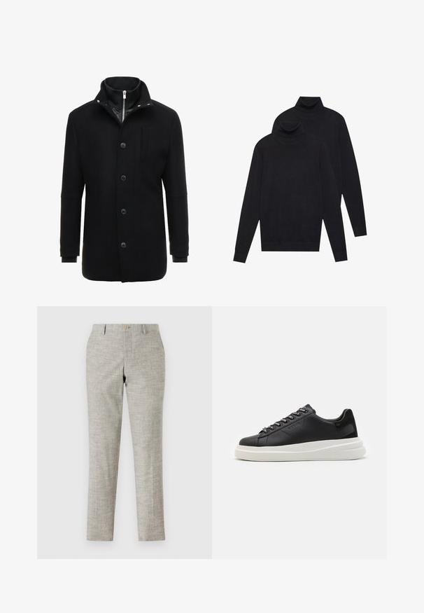 Fekete gyapjú kabát magas gallérral, cipzáras és gombos záródással, valamint oldalsó zsebekkel. Simább textúra, testhezálló fazon és minimális részletek.; Két fekete, hosszúujjú garbó, sima kötésű, egymásra helyezve, az egyik kicsit a másik mögött, fehér háttér előtt.; Világosszürke nadrág texturált anyagból, sima elülső résszel, cipzáras zipzárral és egy gombos zárással. Testre szabott, slim fit fazon, egyenes lábakkal.; Fekete bőr sportcipő fehér gumitalppal, lapos fűzőkkel és márkázott fűzőlyukakkal. Puha tapintású, kontrasztos oldali akcentussal.