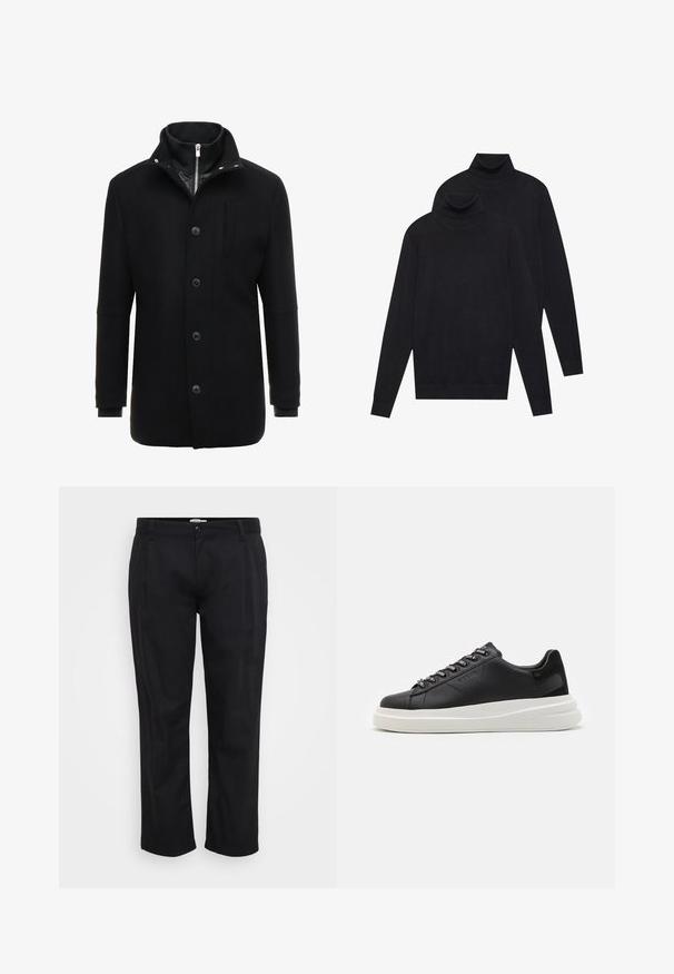Cappotto in lana nera con colletto alto, chiusura a zip e bottoni, e tasche laterali. Tessuto liscio con una vestibilità sartoriale e accenti minimi.; Due maglioni a collo alto neri a maniche lunghe, lavorati a maglia semplice, impilati con uno leggermente dietro l'altro su uno sfondo bianco.; Jack & Jones JPSTBILL WILLIAM WORKER - Pantaloni - black; Sneaker in pelle nera con suola in gomma bianca, dotato di lacci piatti e occhielli brandizzati. Texture morbida con un accento laterale a contrasto.