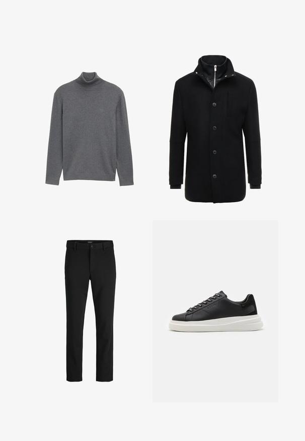 Črn volnen plašč z visokim ovratnikom, zadrgo in gumbom za zapiranje ter stranskimi žepi. Gladka tekstura z prilagojenim krojem in minimalnimi detajli.; Siv pulover s turtleneck iz mehkega pletenega materiala. Ima dolge rokave in prilegajoč vrat, z minimalističnim dizajnom in brez vidnih logotipov.; Črne hlače iz gladkega blaga, s klasičnim dizajnom, ravnim krojem, sprednjim gumbom za zapiranje in stranskimi žepi.; Črne usnjene teniske z belim gumijastim podplatom, ki imajo ravne vezalke in blagovno znamko na ošitih luknjah. Mehka tekstura s kontrastnim stranskim poudarkom.