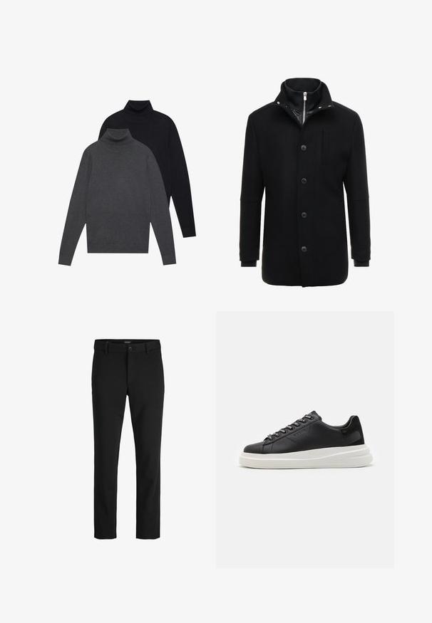 Cappotto in lana nera con colletto alto, chiusura a zip e bottoni, e tasche laterali. Tessuto liscio con una vestibilità sartoriale e accenti minimi.; Due maglioni a collo alto con maniche lunghe piegati e impilati, fronte in grigio scuro e retro in nero, su uno sfondo bianco semplice.; Pantaloni neri realizzati in un tessuto elegante, con un design classico, taglio dritto, chiusura frontale con bottone e tasche laterali.; Sneaker in pelle nera con suola in gomma bianca, dotato di lacci piatti e occhielli brandizzati. Texture morbida con un accento laterale a contrasto.