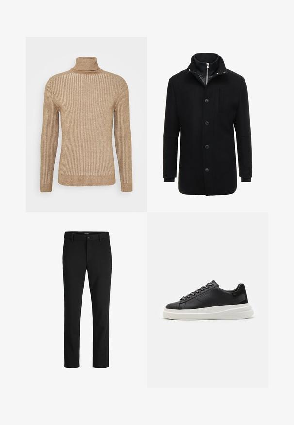 Melnas vilnas mētelis ar augstu apkakli, rāvējslēdzēja un pogu aizdari, kā arī sānu kabatām. Gluda tekstūra ar pieguļošu piegriezumu un minimāliem akcentiem.; Bēšas struktūras augstais kakls ar garām piedurknēm, teksturēts audums, pieguļošs dizains un nedaudz brīvs apkakles galds. Vienkārša un neitrāla krāsa.; Melnas bikses no gludas auduma, ar klasisku dizainu, taisnu griezumu, priekšējo pogu aizdari un sānu kabatām.; Melnas ādas sporta kurpes ar baltu gumijas zoli, kurām ir plakanas saites un zīmola acs. Mīksta tekstūra ar kontrastējošu sānu akcentu.